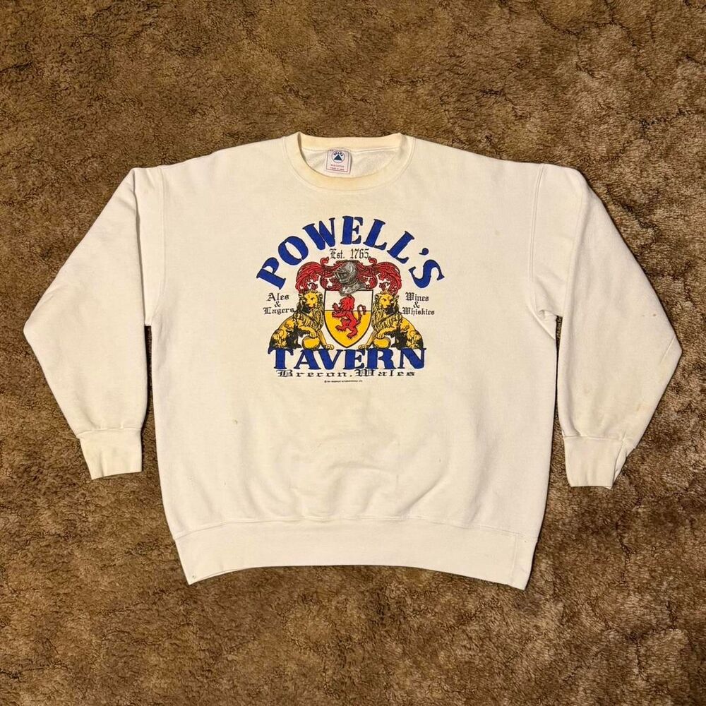 Vintage 90s Powell's Tavern Brecon Wales British Pub Crewneck Cream White XLarge